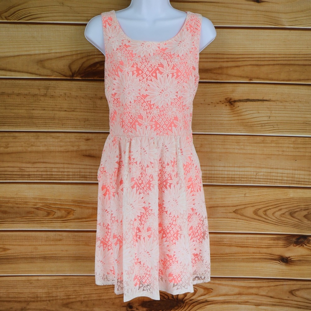 Xhilaration Sleeveless Dress Fit & Flare Womens Sz L Pink Floral Overlay Pockets